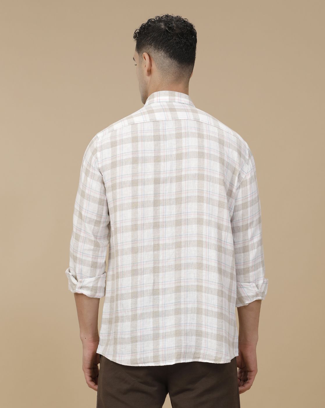 Linen Club Men's Pure Linen Beige Checked Contemporary Fit Full Sleeve Casual Shirt