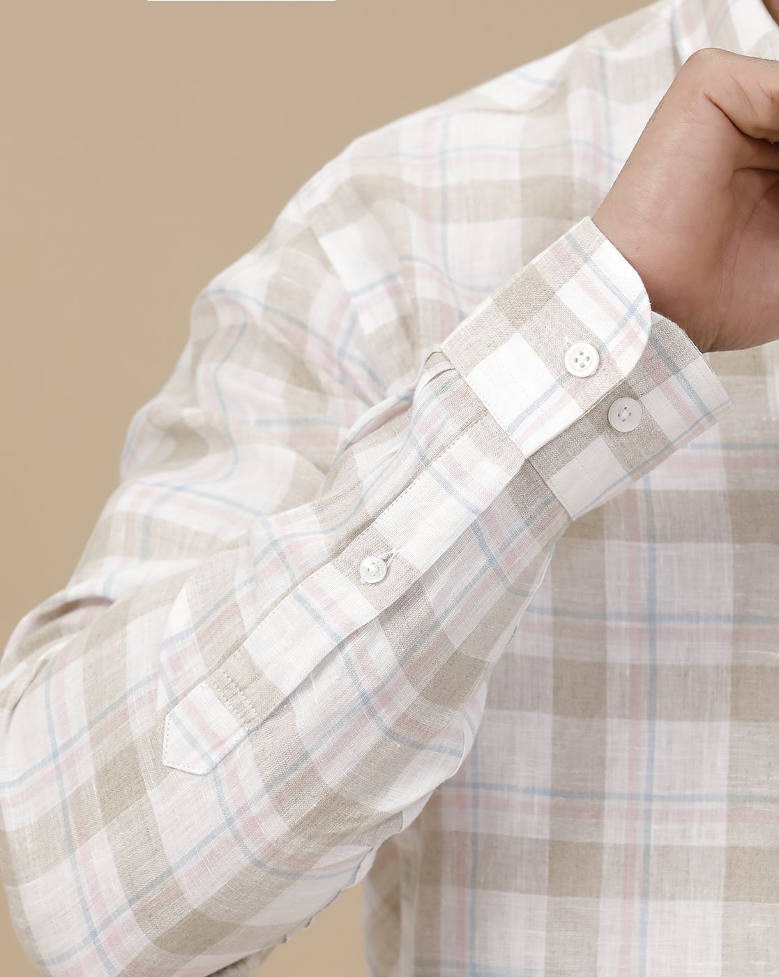Linen Club Men's Pure Linen Beige Checked Contemporary Fit Full Sleeve Casual Shirt
