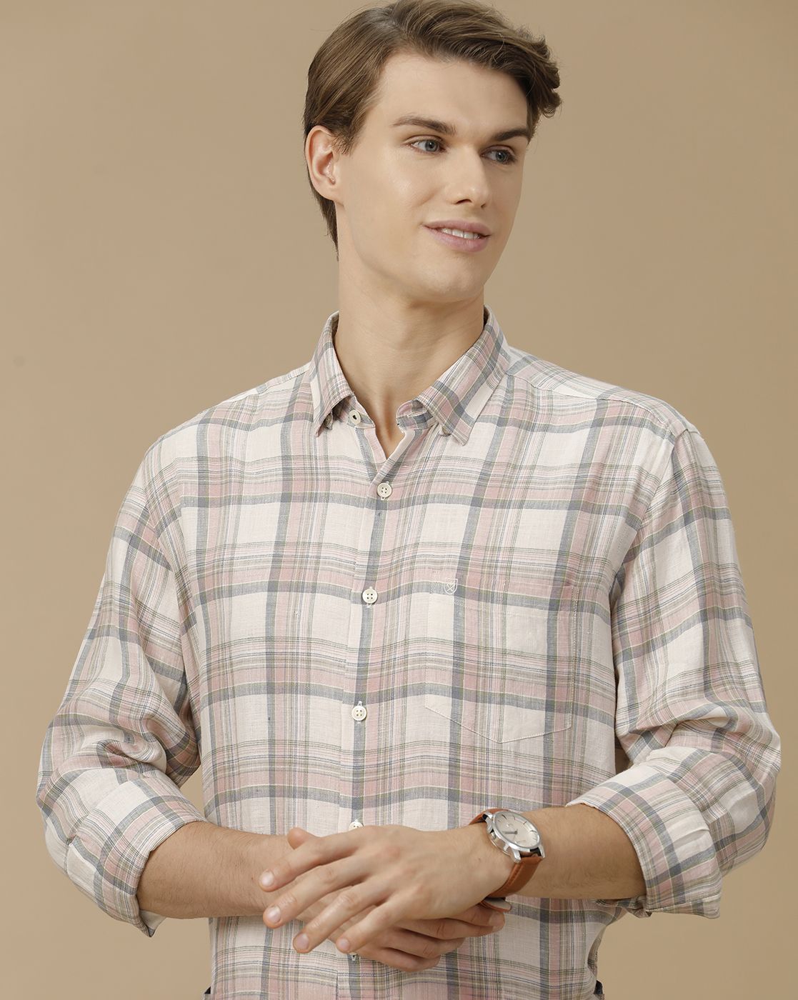 Men's Pure Linen Pink Checked Contemporary Fit Full Sleeve Casual Shirt