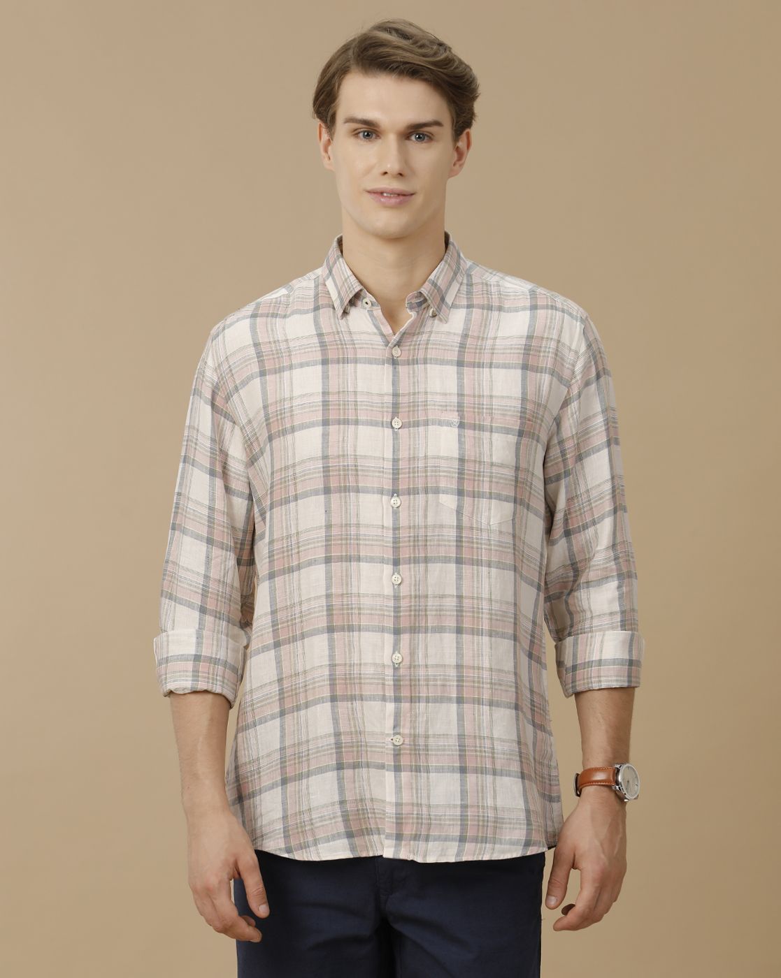 Men's Pure Linen Pink Checked Contemporary Fit Full Sleeve Casual Shirt
