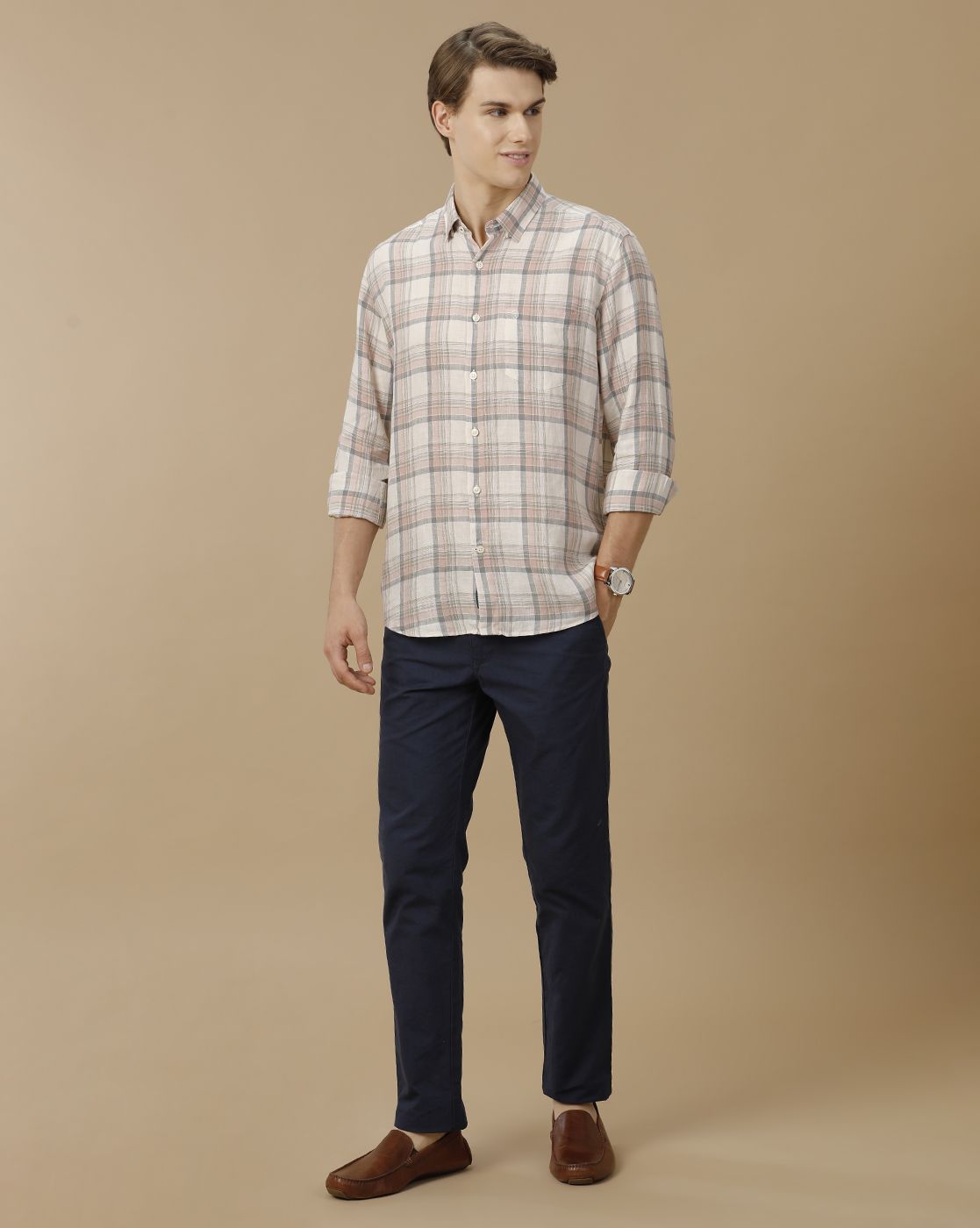 Men's Pure Linen Pink Checked Contemporary Fit Full Sleeve Casual Shirt