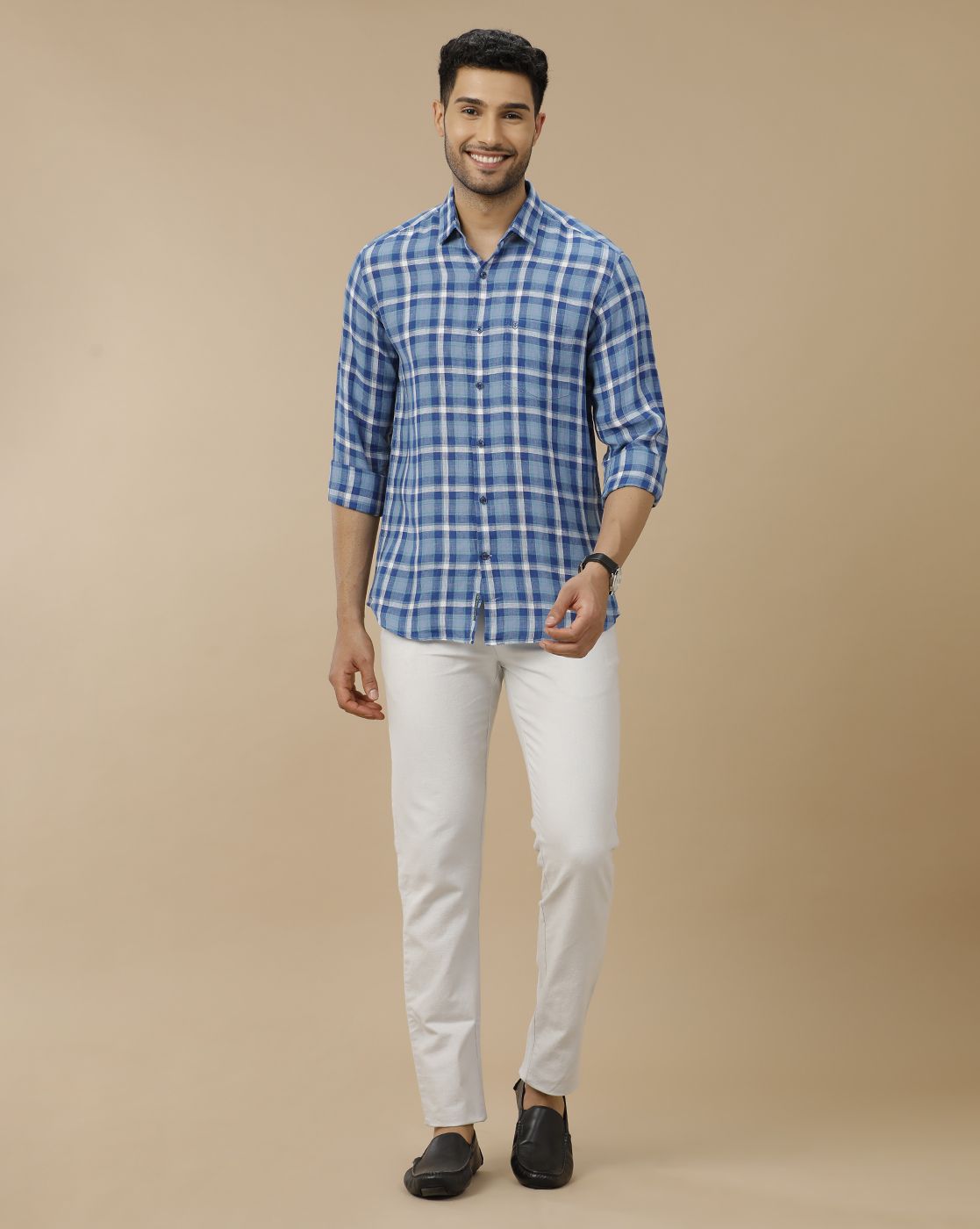 Men's Pure Linen Blue Checked Contemporary Fit Full Sleeve Casual Shirt