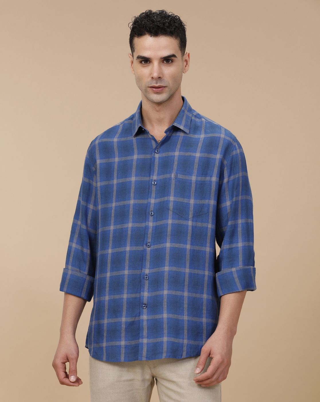 Linen Club Men's Pure Linen Blue Checked Contemporary Fit Full Sleeve Casual Shirt