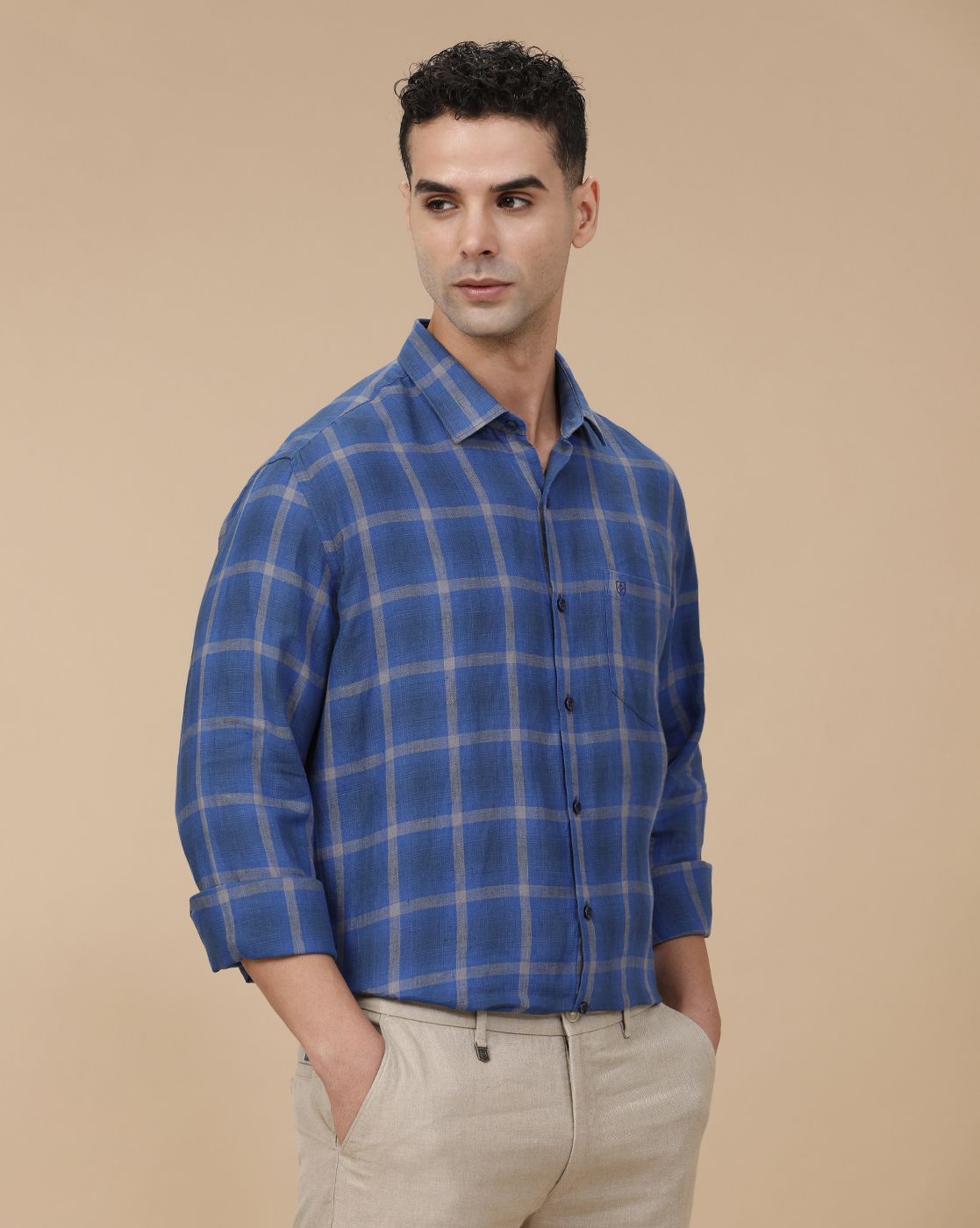 Linen Club Men's Pure Linen Blue Checked Contemporary Fit Full Sleeve Casual Shirt