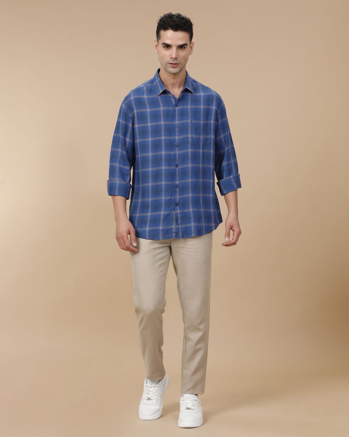 Linen Club Men's Pure Linen Blue Checked Contemporary Fit Full Sleeve Casual Shirt