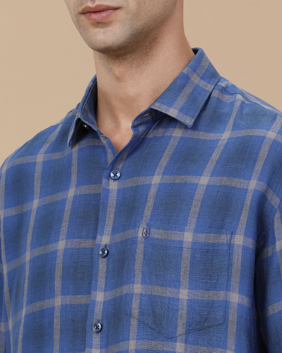 Linen Club Men's Pure Linen Blue Checked Contemporary Fit Full Sleeve Casual Shirt
