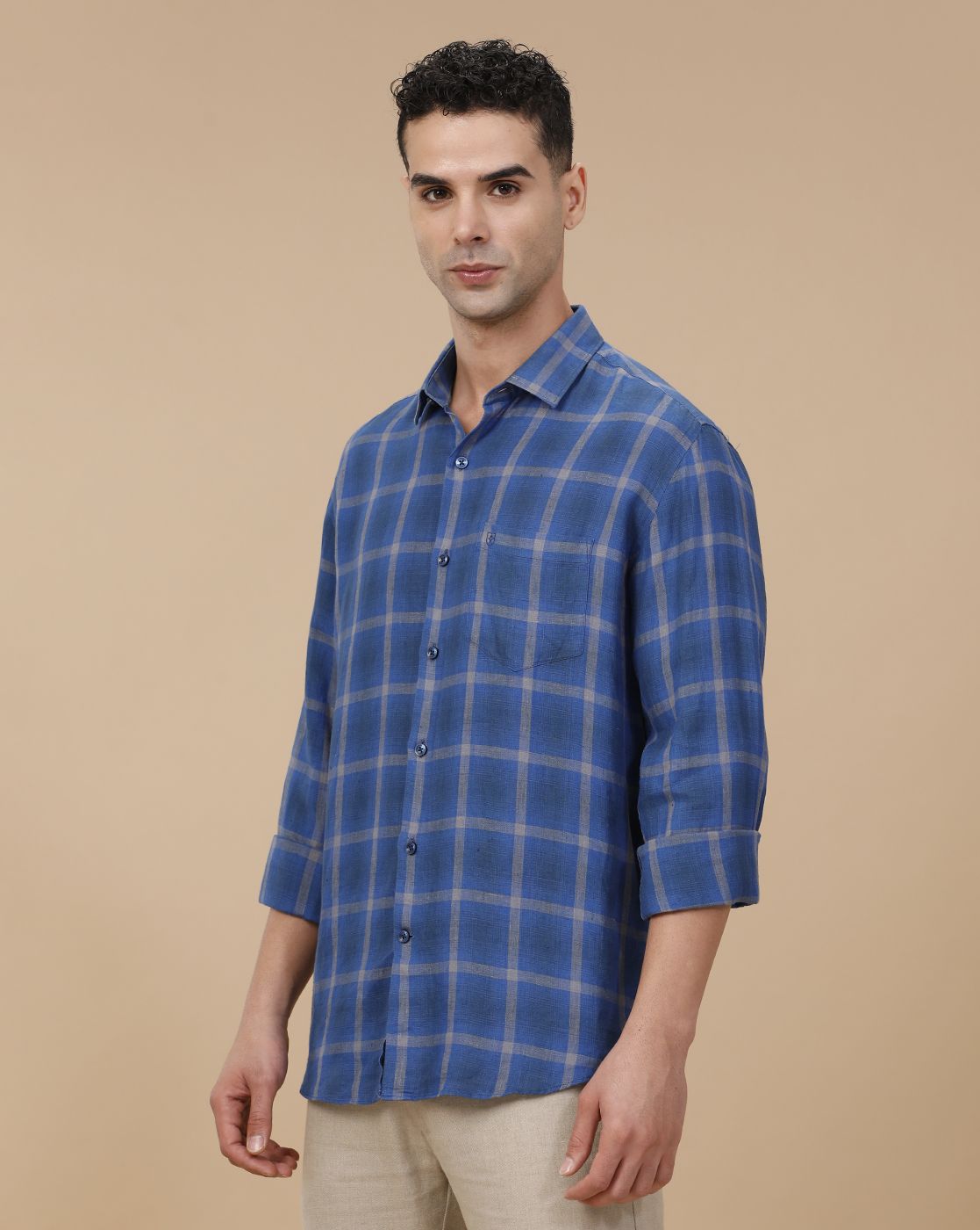 Linen Club Men's Pure Linen Blue Checked Contemporary Fit Full Sleeve Casual Shirt