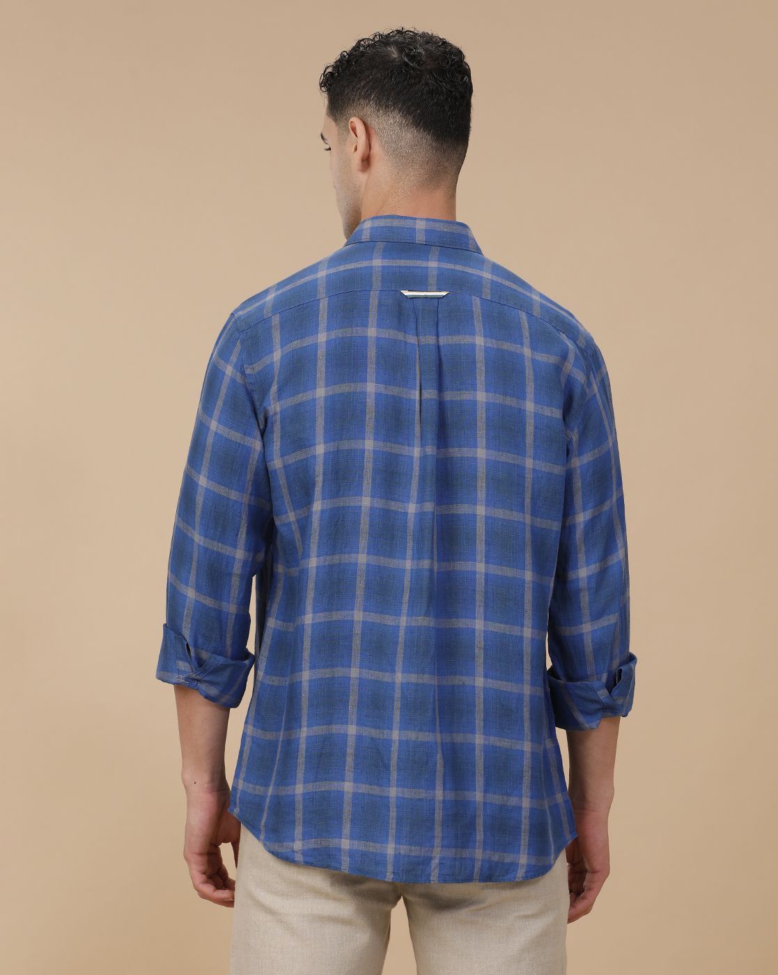 Linen Club Men's Pure Linen Blue Checked Contemporary Fit Full Sleeve Casual Shirt
