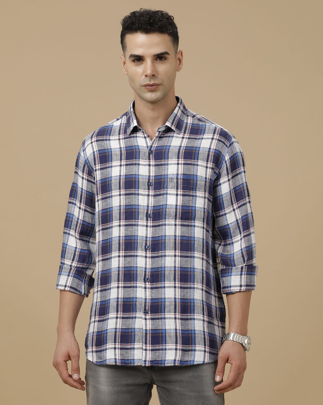 Linen Club Men's Pure Linen Blue Checked Contemporary Fit Full Sleeve Casual Shirt