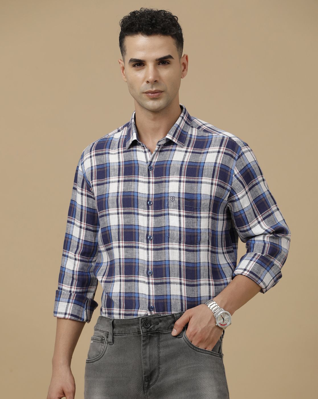 Linen Club Men's Pure Linen Blue Checked Contemporary Fit Full Sleeve Casual Shirt