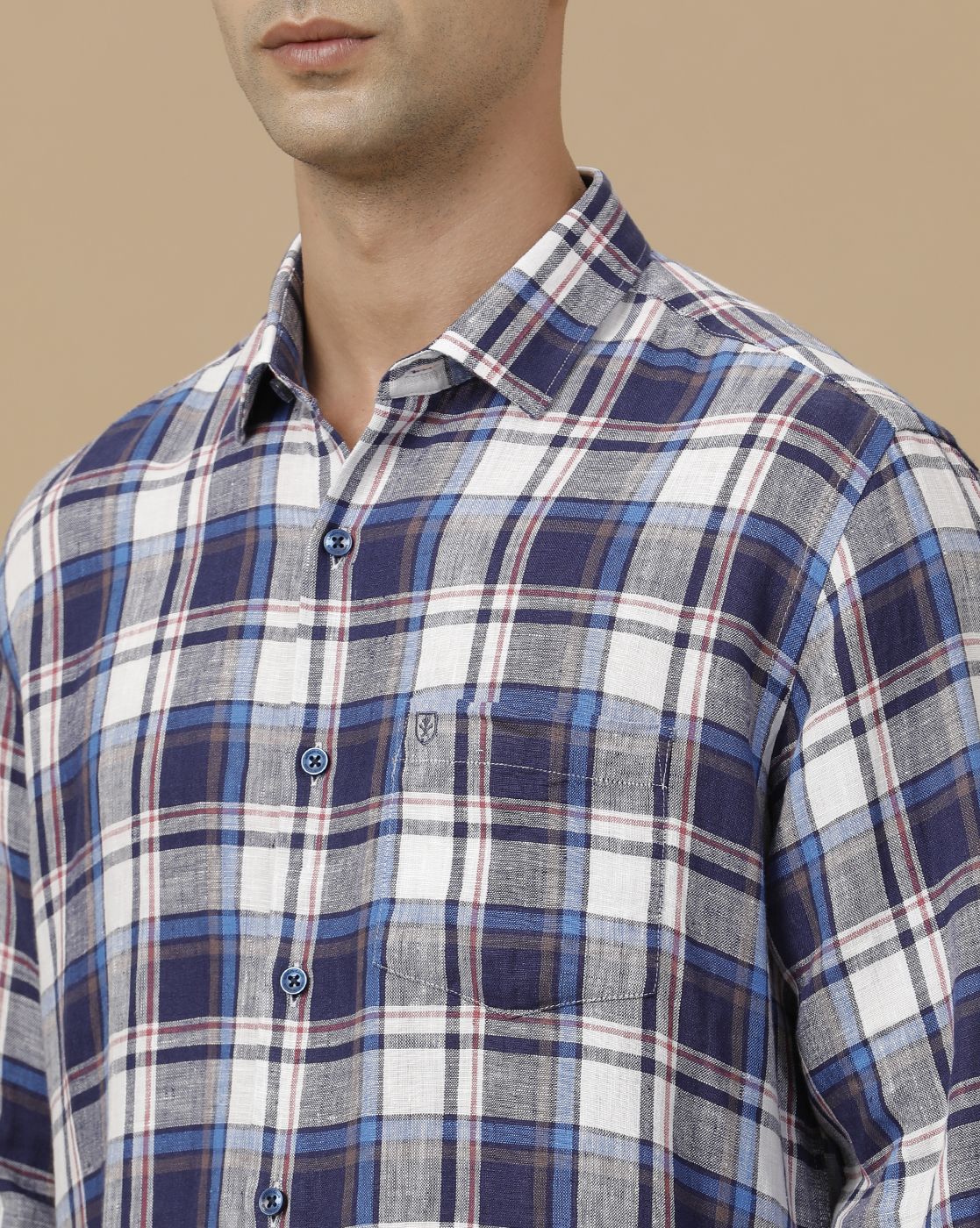 Linen Club Men's Pure Linen Blue Checked Contemporary Fit Full Sleeve Casual Shirt