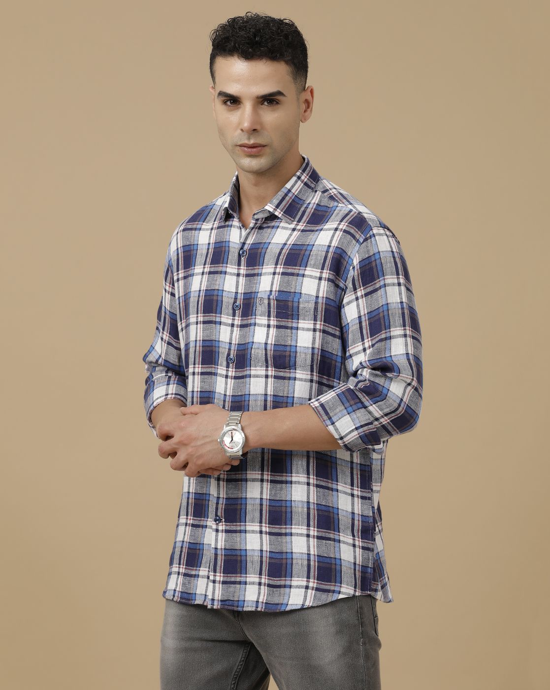 Linen Club Men's Pure Linen Blue Checked Contemporary Fit Full Sleeve Casual Shirt