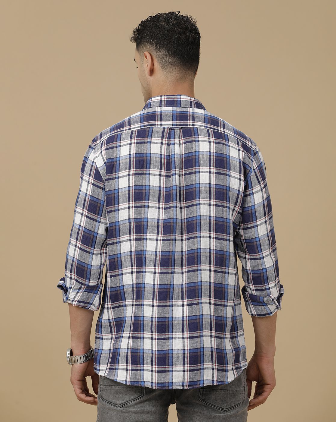 Linen Club Men's Pure Linen Blue Checked Contemporary Fit Full Sleeve Casual Shirt