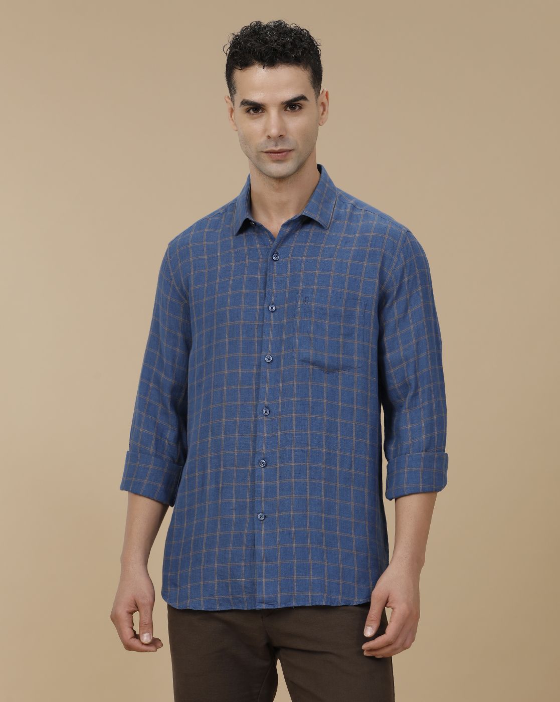 Linen Club Men's Pure Linen Blue Checked Contemporary Fit Full Sleeve Casual Shirt