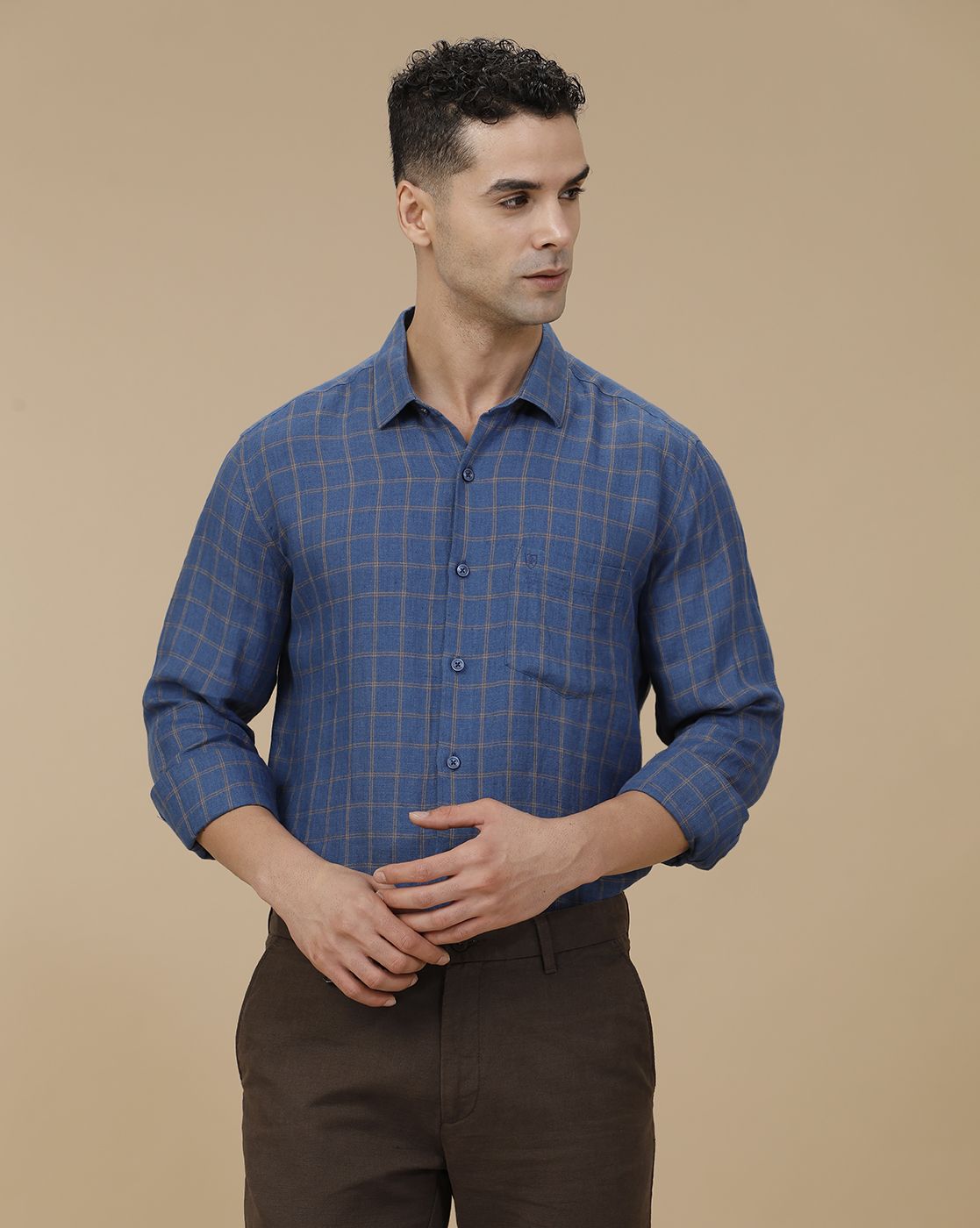Linen Club Men's Pure Linen Blue Checked Contemporary Fit Full Sleeve Casual Shirt