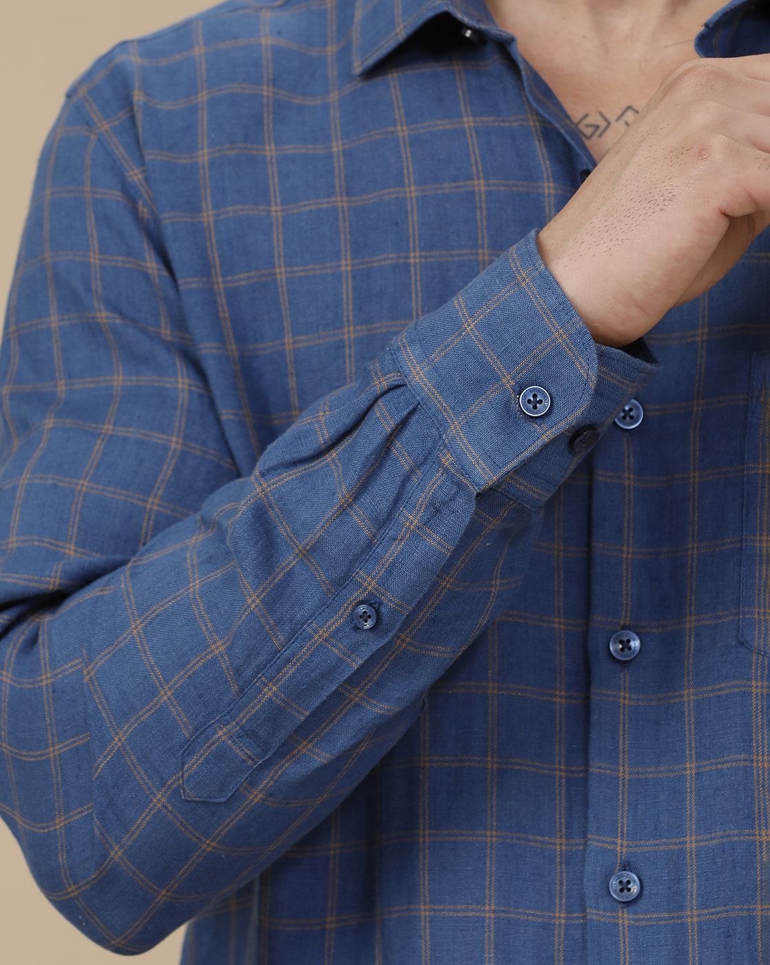 Linen Club Men's Pure Linen Blue Checked Contemporary Fit Full Sleeve Casual Shirt