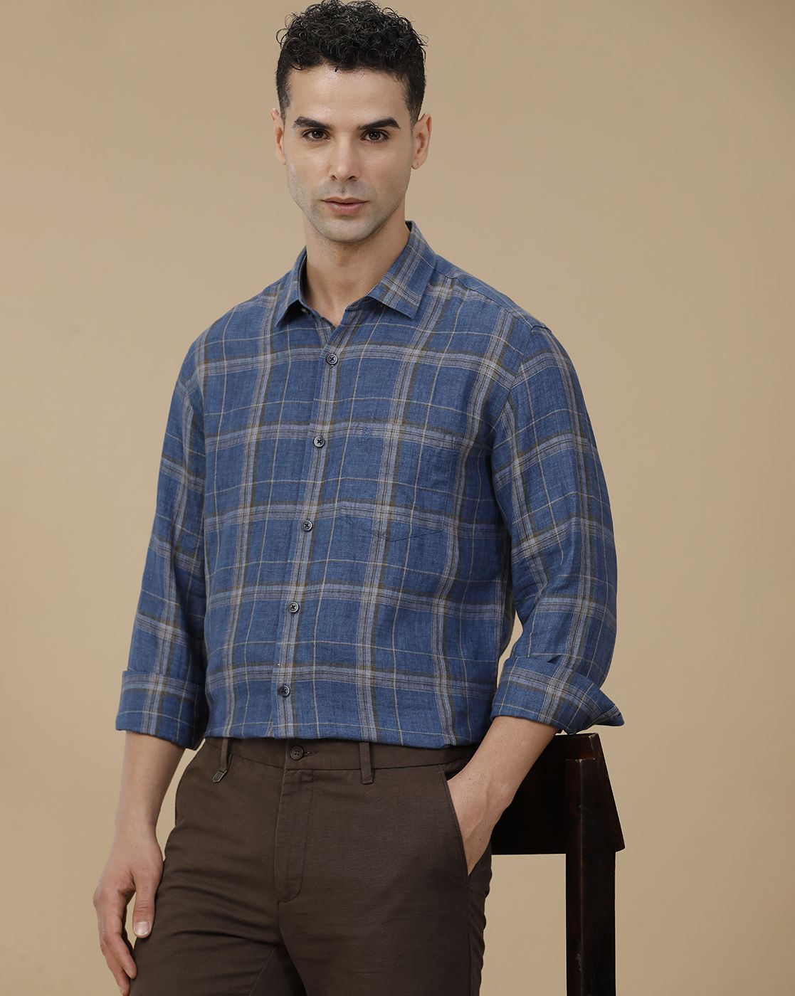 Linen Club Men's Pure Linen Blue Checked Contemporary Fit Full Sleeve Casual Shirt