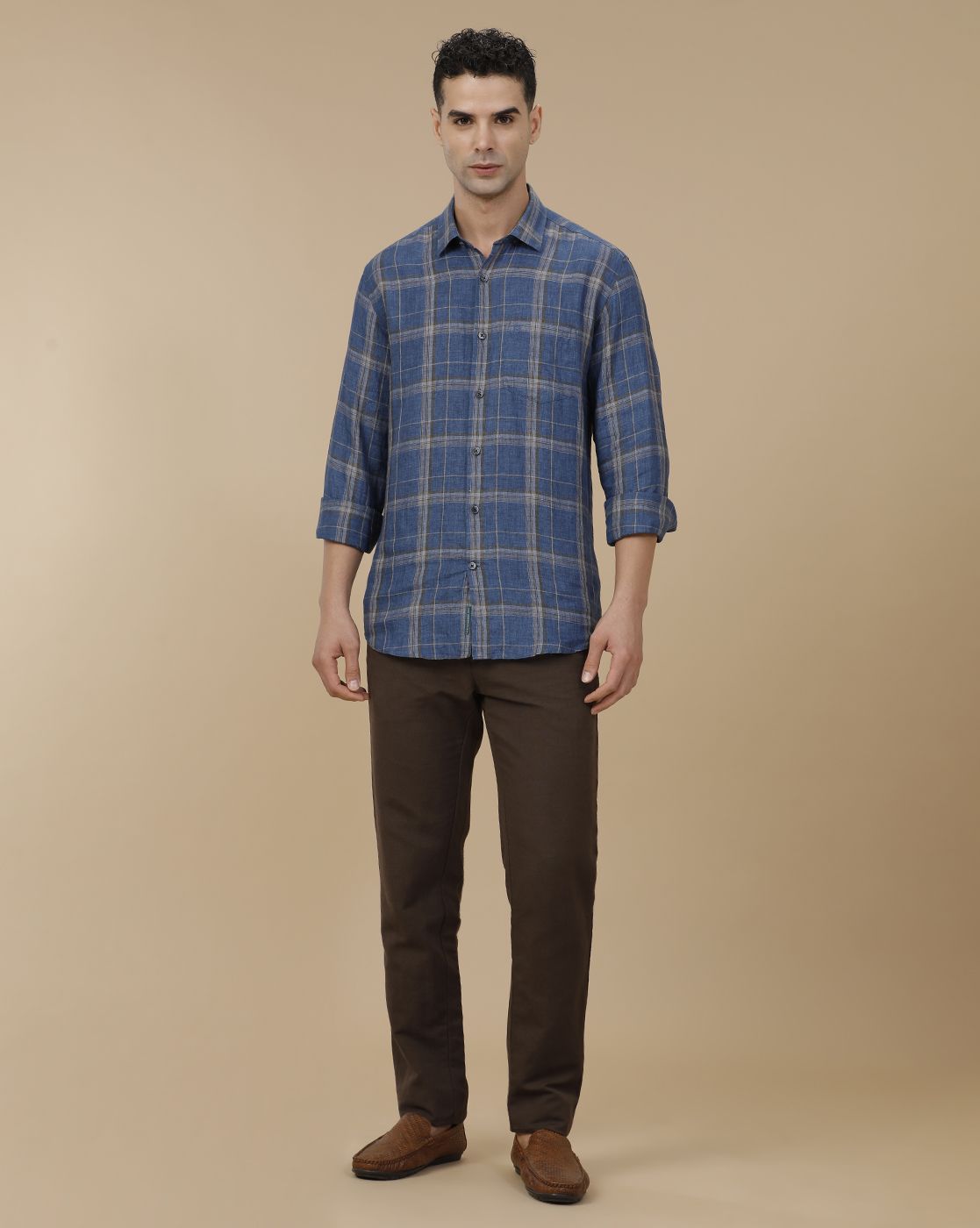 Linen Club Men's Pure Linen Blue Checked Contemporary Fit Full Sleeve Casual Shirt