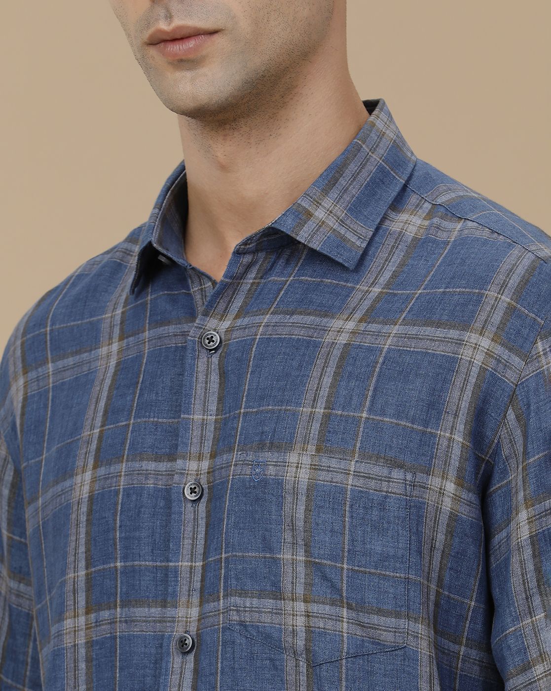 Linen Club Men's Pure Linen Blue Checked Contemporary Fit Full Sleeve Casual Shirt