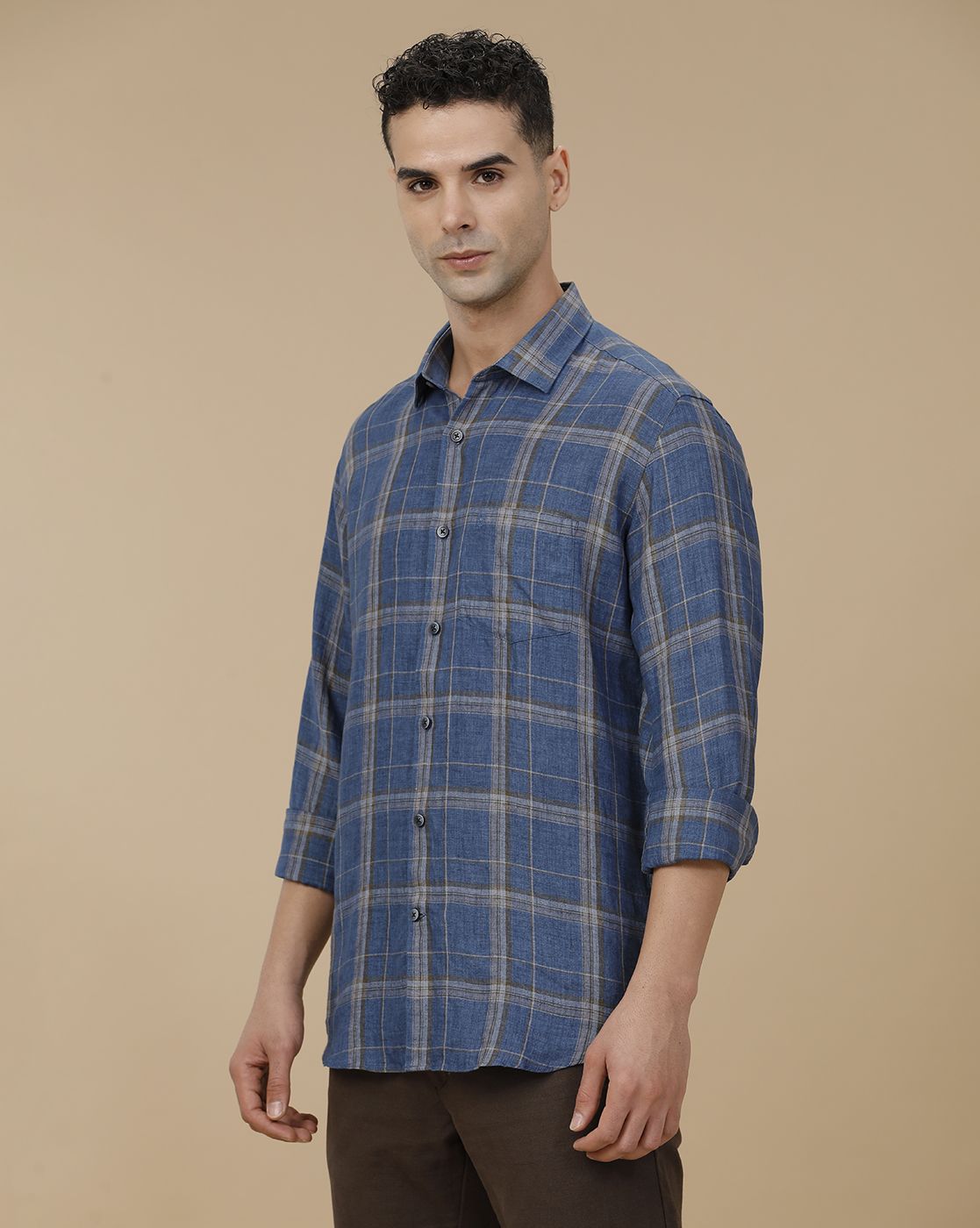 Linen Club Men's Pure Linen Blue Checked Contemporary Fit Full Sleeve Casual Shirt