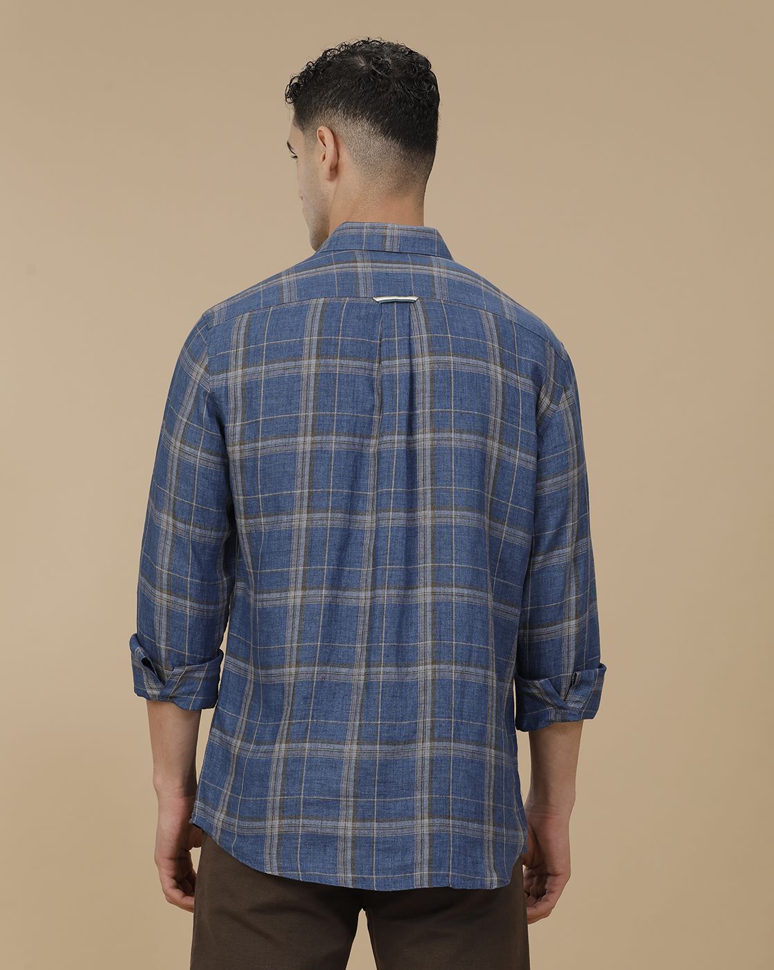 Linen Club Men's Pure Linen Blue Checked Contemporary Fit Full Sleeve Casual Shirt