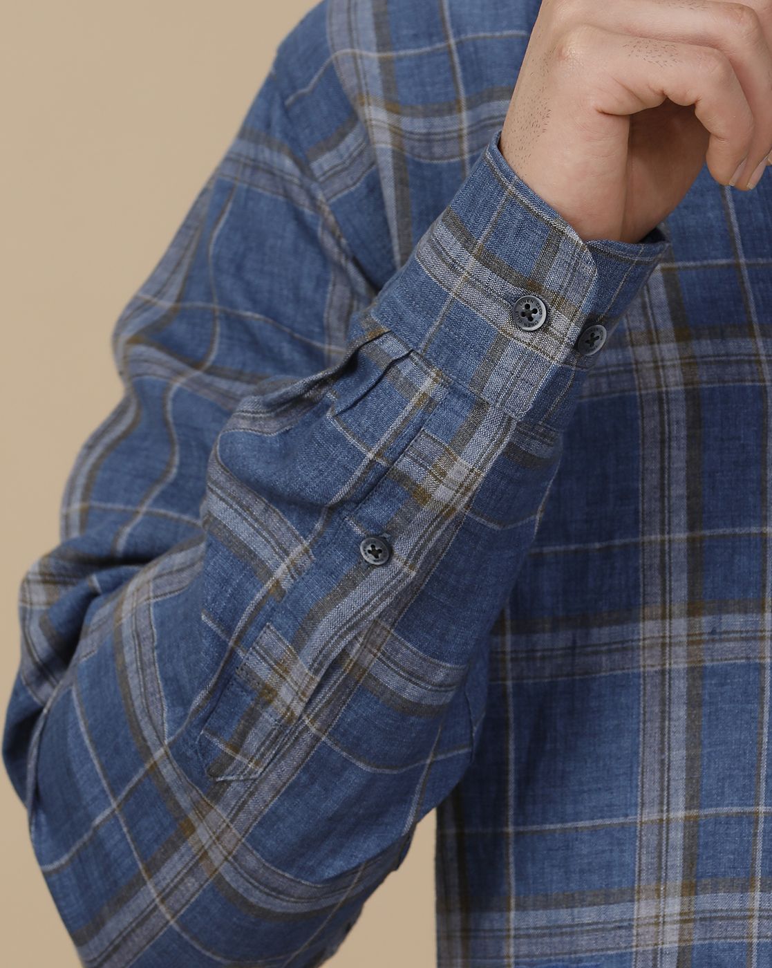 Linen Club Men's Pure Linen Blue Checked Contemporary Fit Full Sleeve Casual Shirt