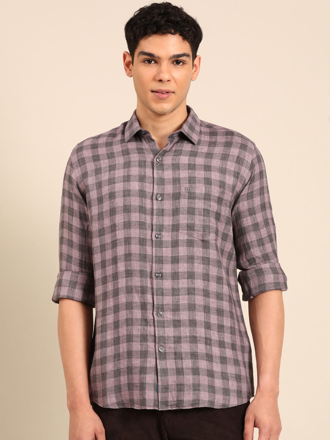Linen Club Men's Pure Linen Purple Checkered Contemporary Fit Full Sleeve Casual Shirt