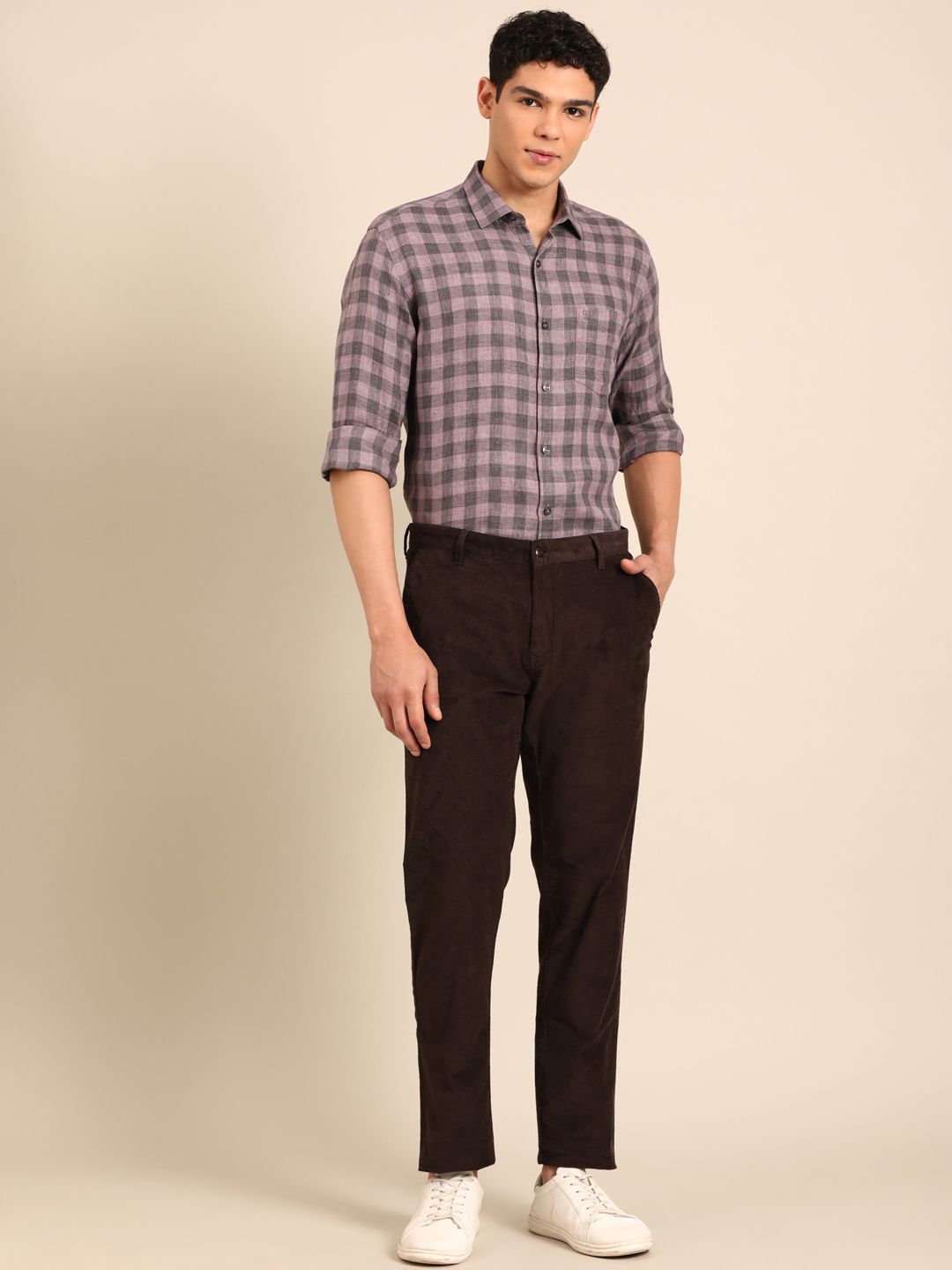 Linen Club Men's Pure Linen Purple Checkered Contemporary Fit Full Sleeve Casual Shirt