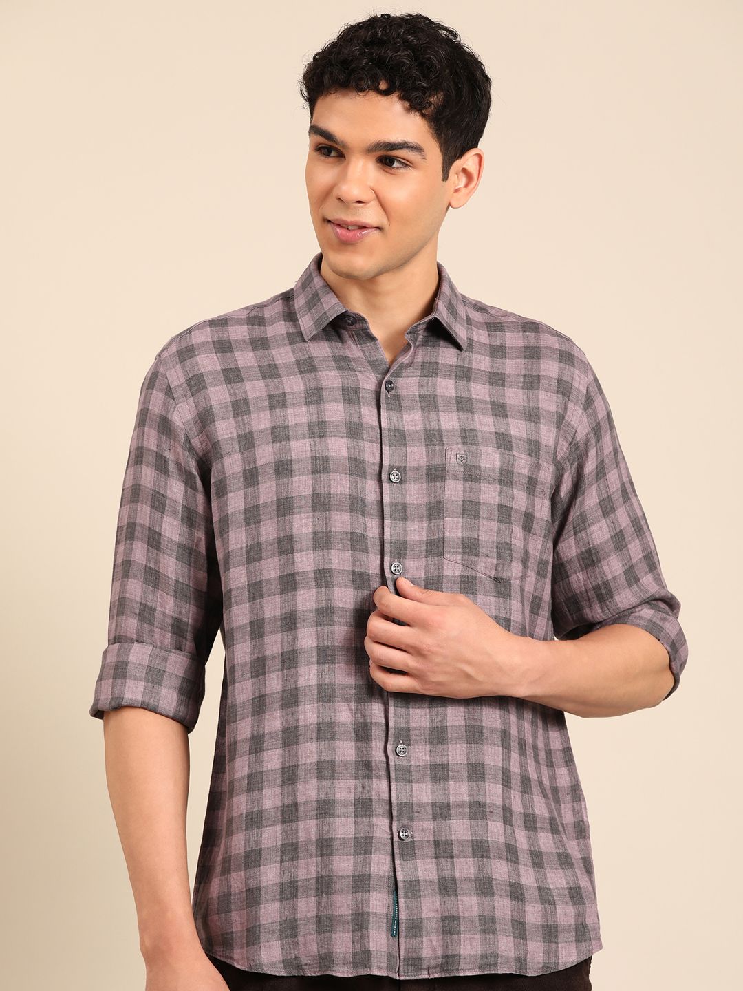 Linen Club Men's Pure Linen Purple Checkered Contemporary Fit Full Sleeve Casual Shirt