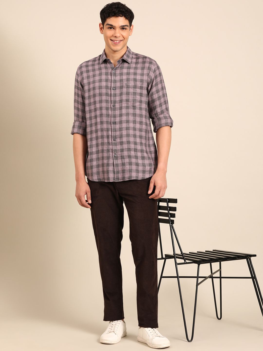 Linen Club Men's Pure Linen Purple Checkered Contemporary Fit Full Sleeve Casual Shirt