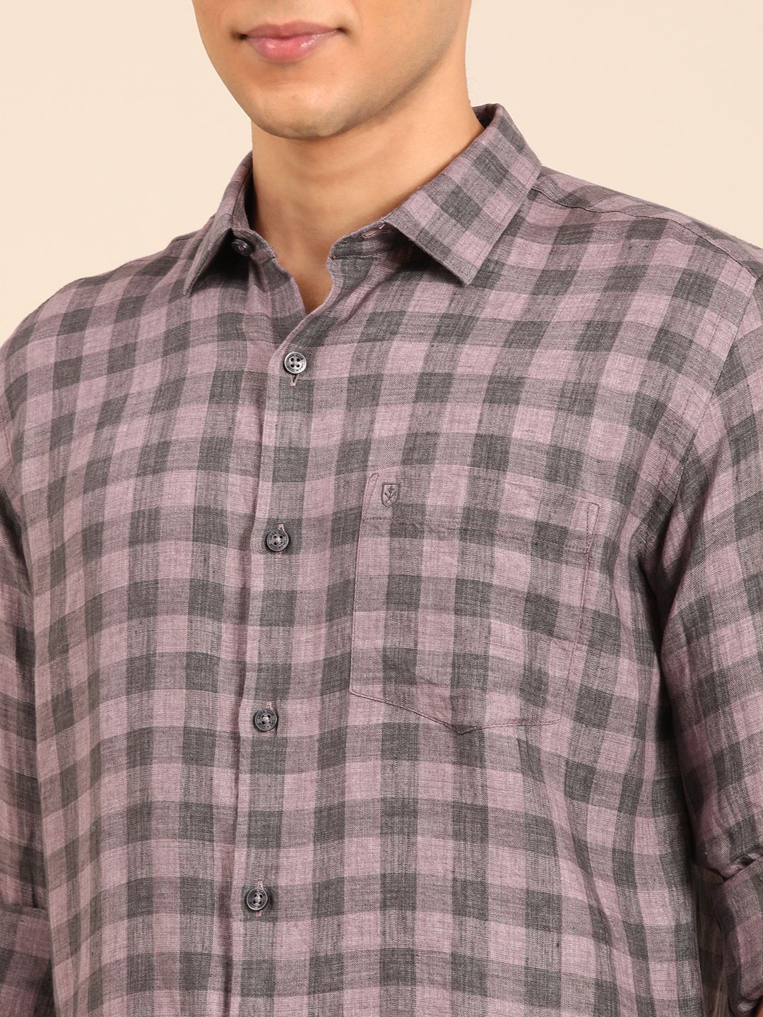 Linen Club Men's Pure Linen Purple Checkered Contemporary Fit Full Sleeve Casual Shirt