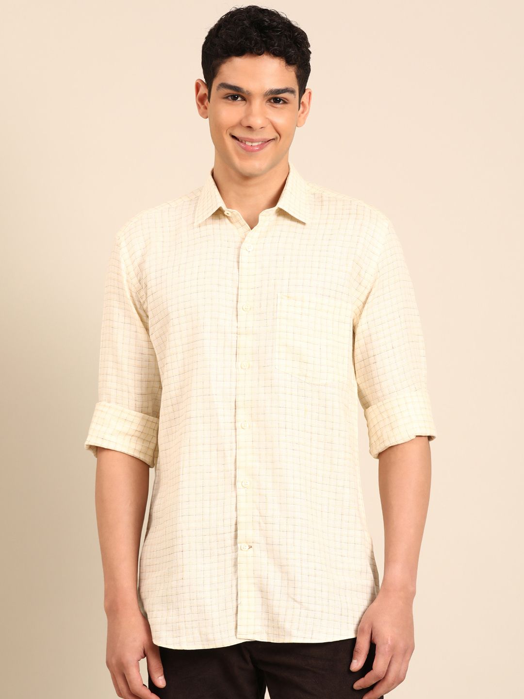 Linen Club Men's Pure Linen Yellow Checkered Contemporary Fit Full Sleeve Casual Shirt