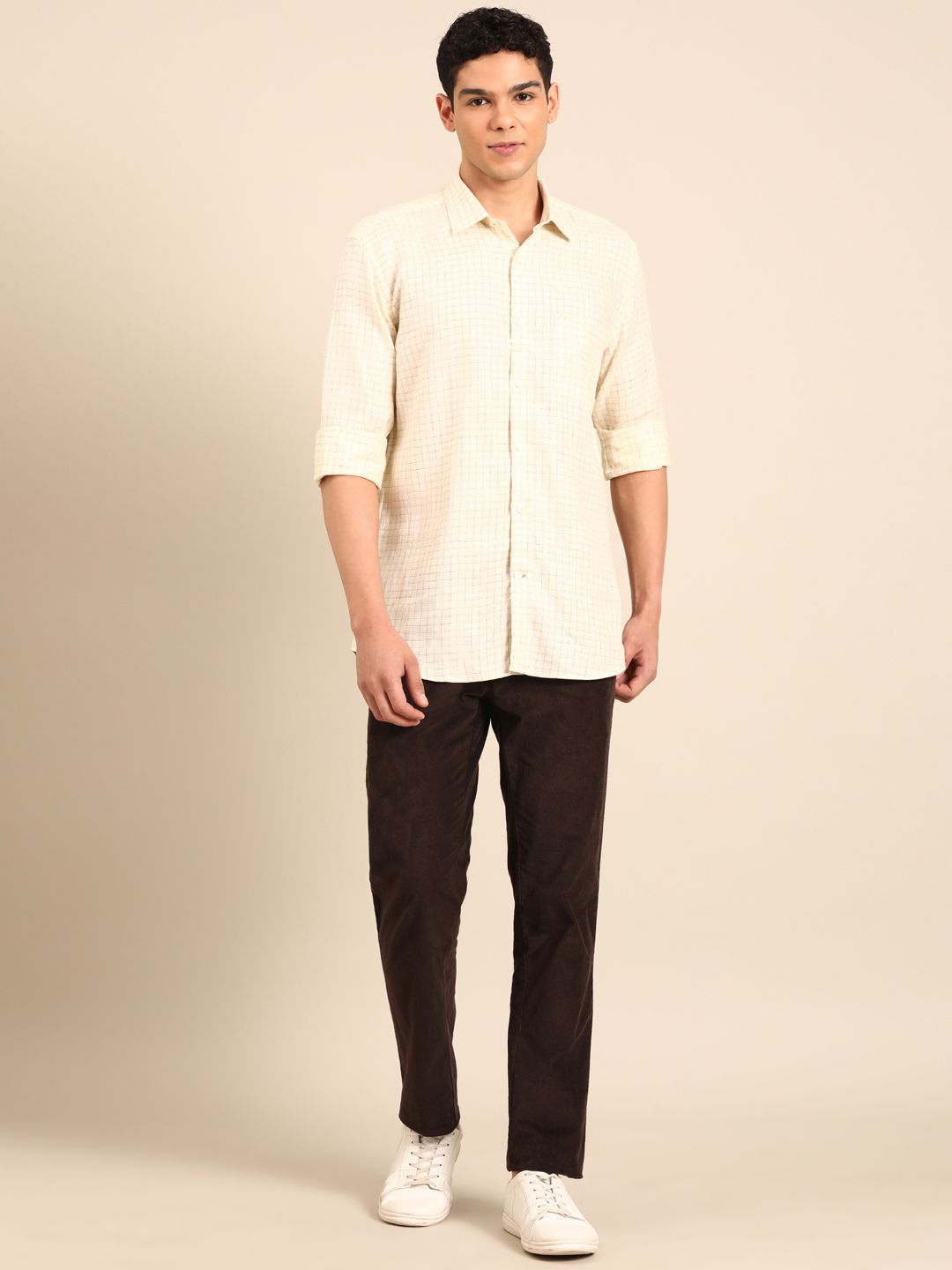 Linen Club Men's Pure Linen Yellow Checkered Contemporary Fit Full Sleeve Casual Shirt