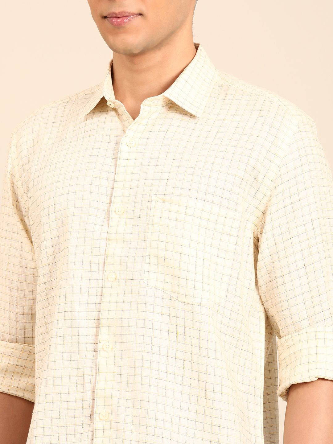 Linen Club Men's Pure Linen Yellow Checkered Contemporary Fit Full Sleeve Casual Shirt