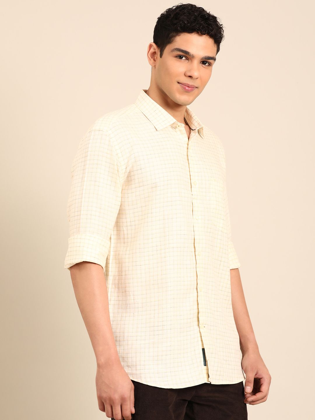 Linen Club Men's Pure Linen Yellow Checkered Contemporary Fit Full Sleeve Casual Shirt