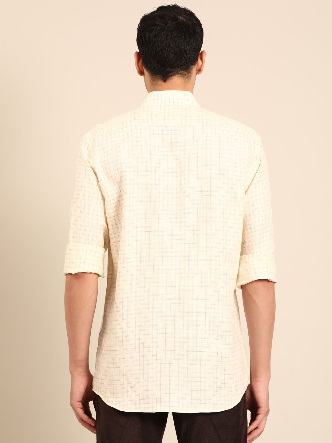 Linen Club Men's Pure Linen Yellow Checkered Contemporary Fit Full Sleeve Casual Shirt