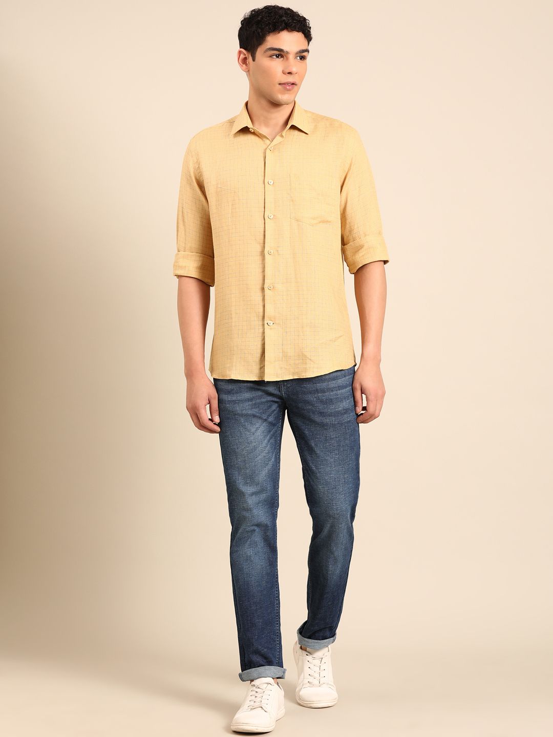 Linen Club Men's Pure Linen Yellow Checkered Contemporary Fit Full Sleeve Casual Shirt