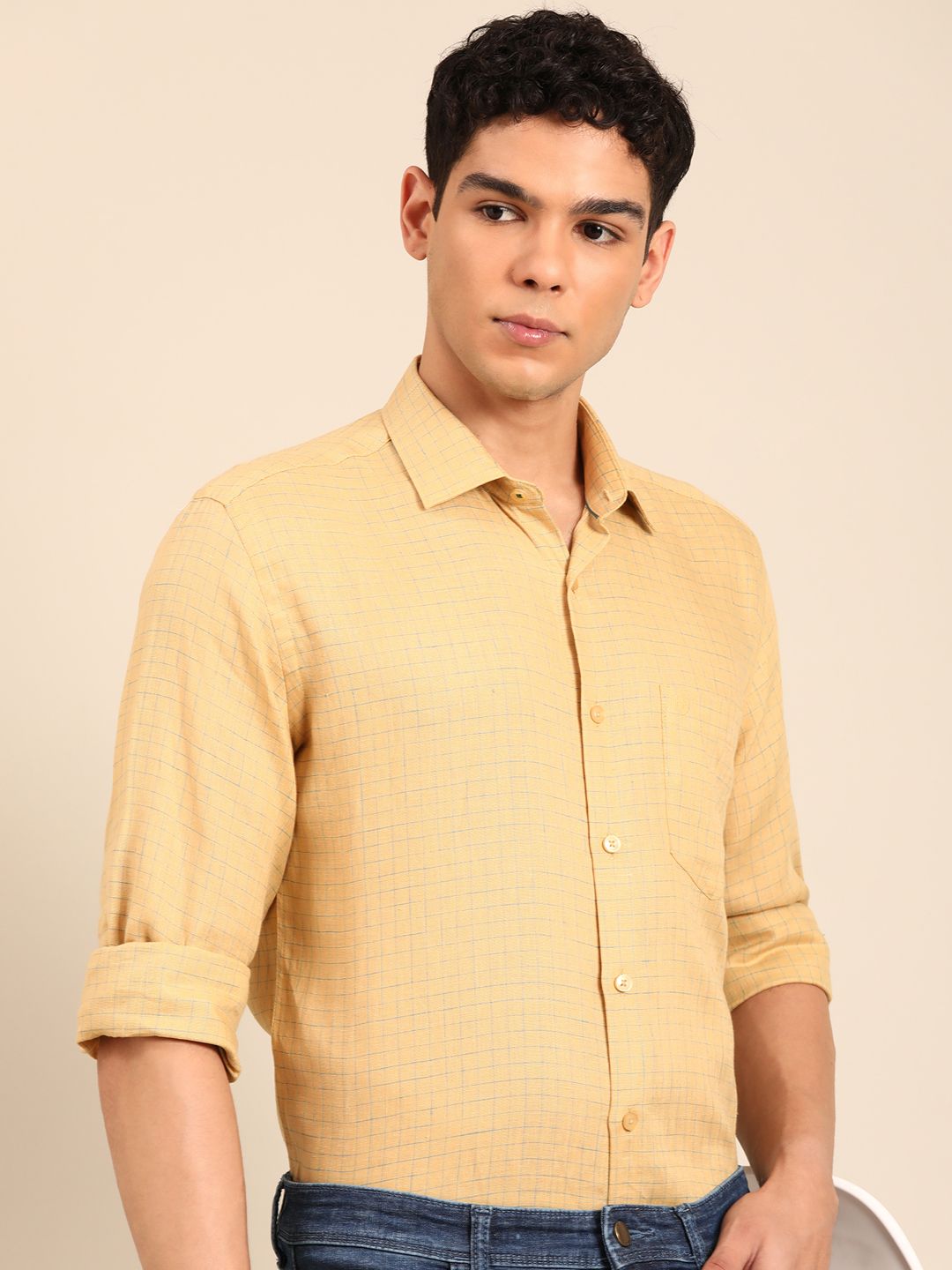 Linen Club Men's Pure Linen Yellow Checkered Contemporary Fit Full Sleeve Casual Shirt