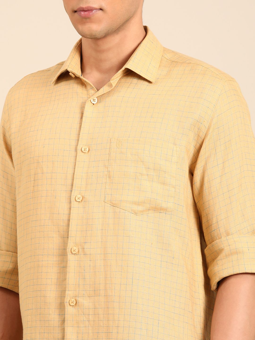 Linen Club Men's Pure Linen Yellow Checkered Contemporary Fit Full Sleeve Casual Shirt