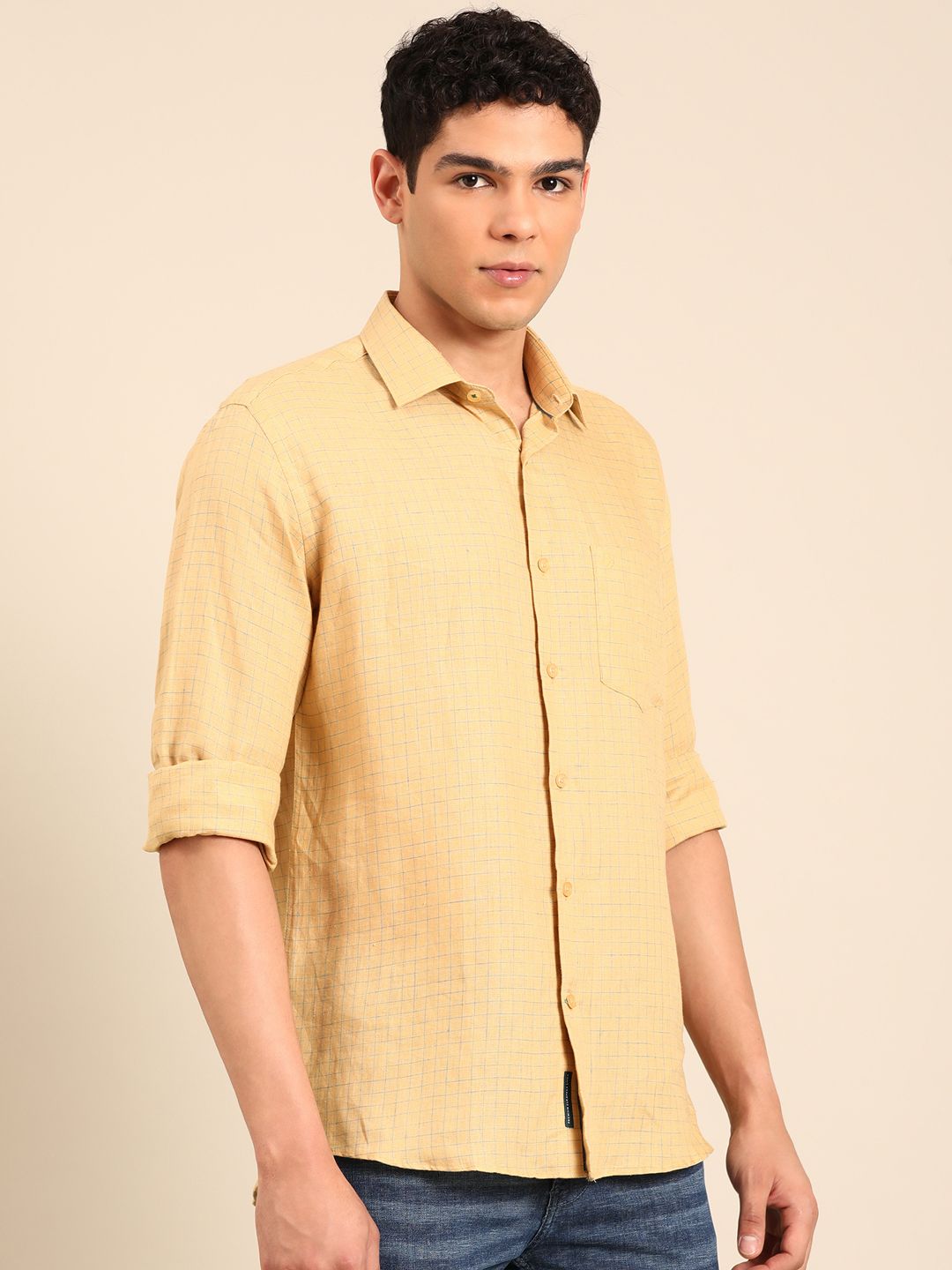 Linen Club Men's Pure Linen Yellow Checkered Contemporary Fit Full Sleeve Casual Shirt