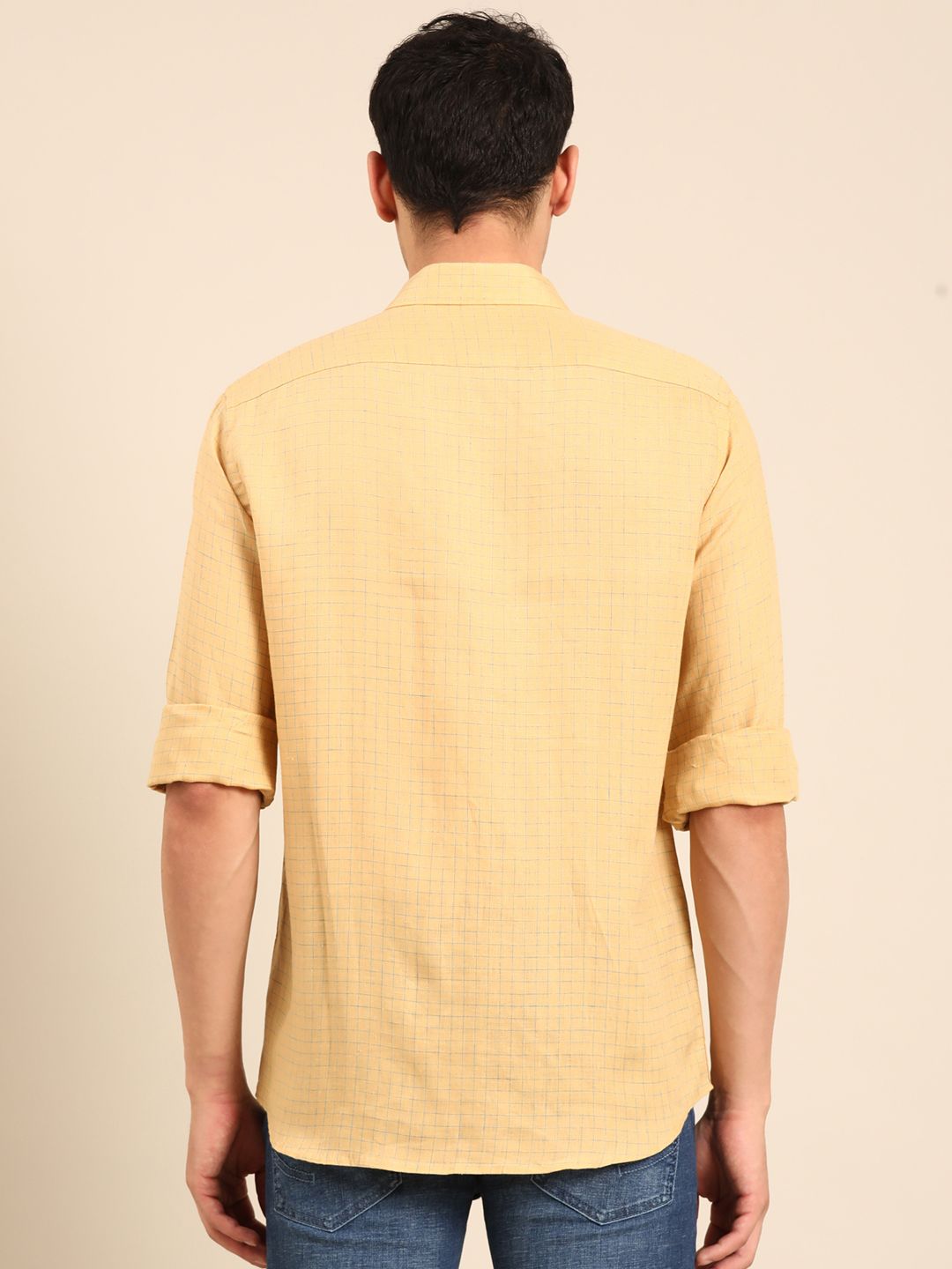 Linen Club Men's Pure Linen Yellow Checkered Contemporary Fit Full Sleeve Casual Shirt