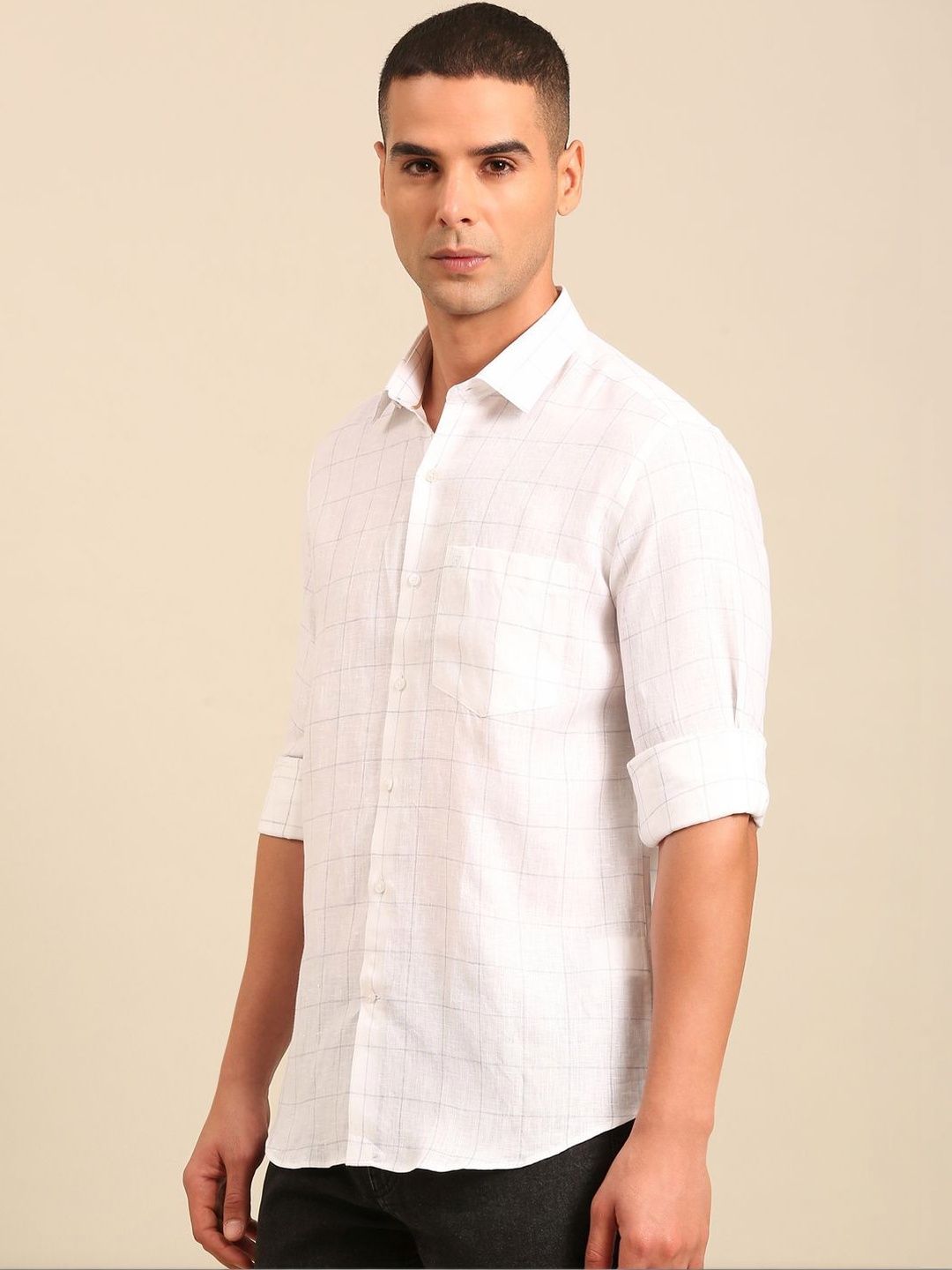 Linen Club Men's Pure Linen White Checked Regular Fit Casual Shirt LCSFCK902D473