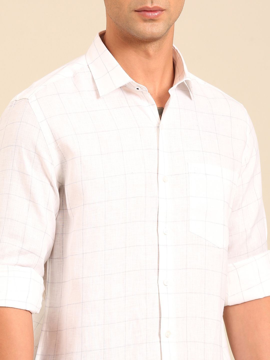 Linen Club Men's Pure Linen White Checked Regular Fit Casual Shirt LCSFCK902D473
