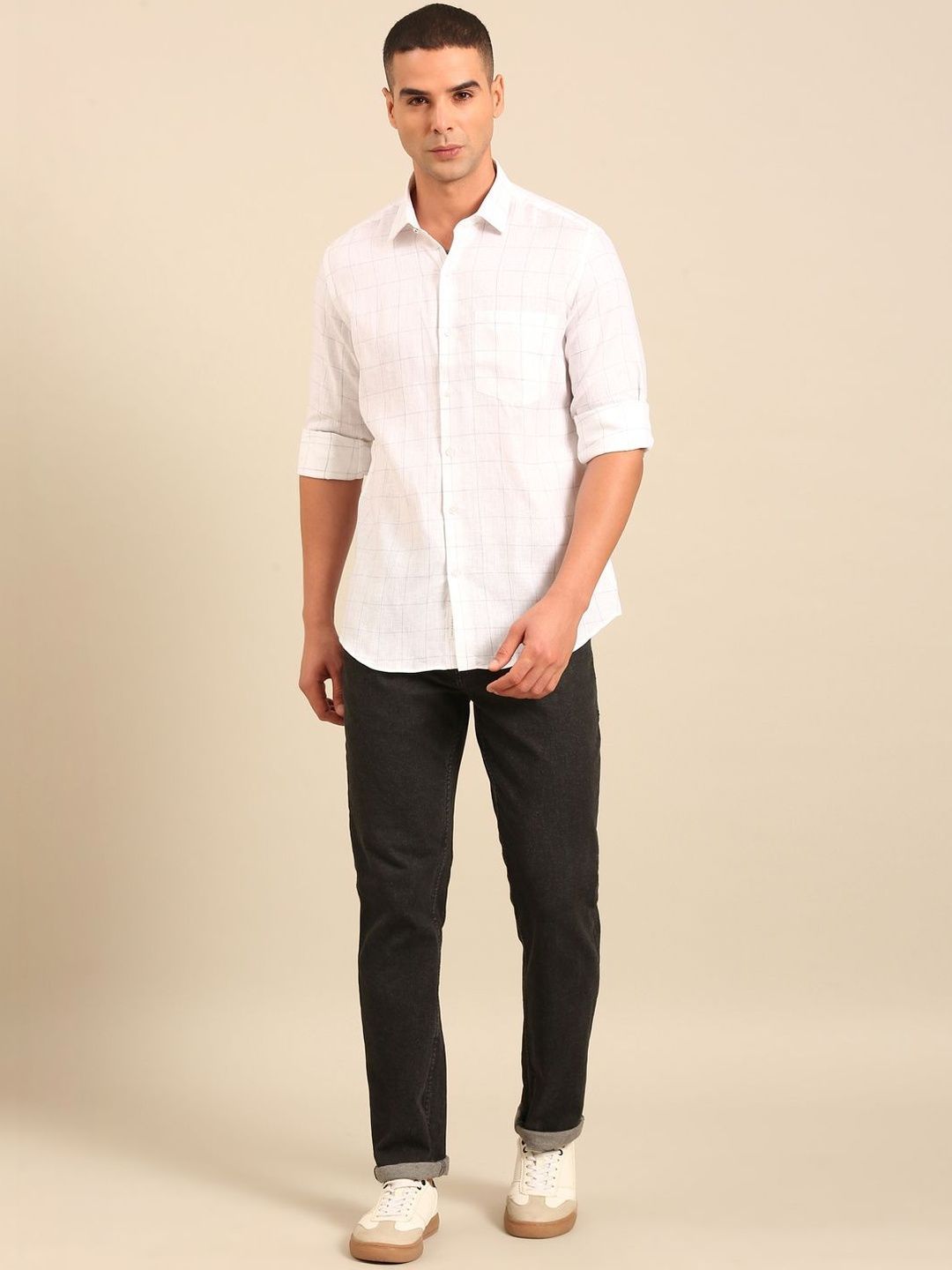 Linen Club Men's Pure Linen White Checked Regular Fit Casual Shirt LCSFCK902D473
