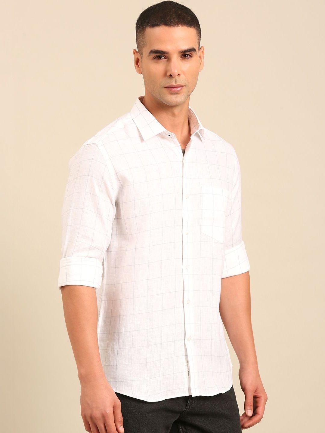 Linen Club Men's Pure Linen White Checked Regular Fit Casual Shirt LCSFCK902D473