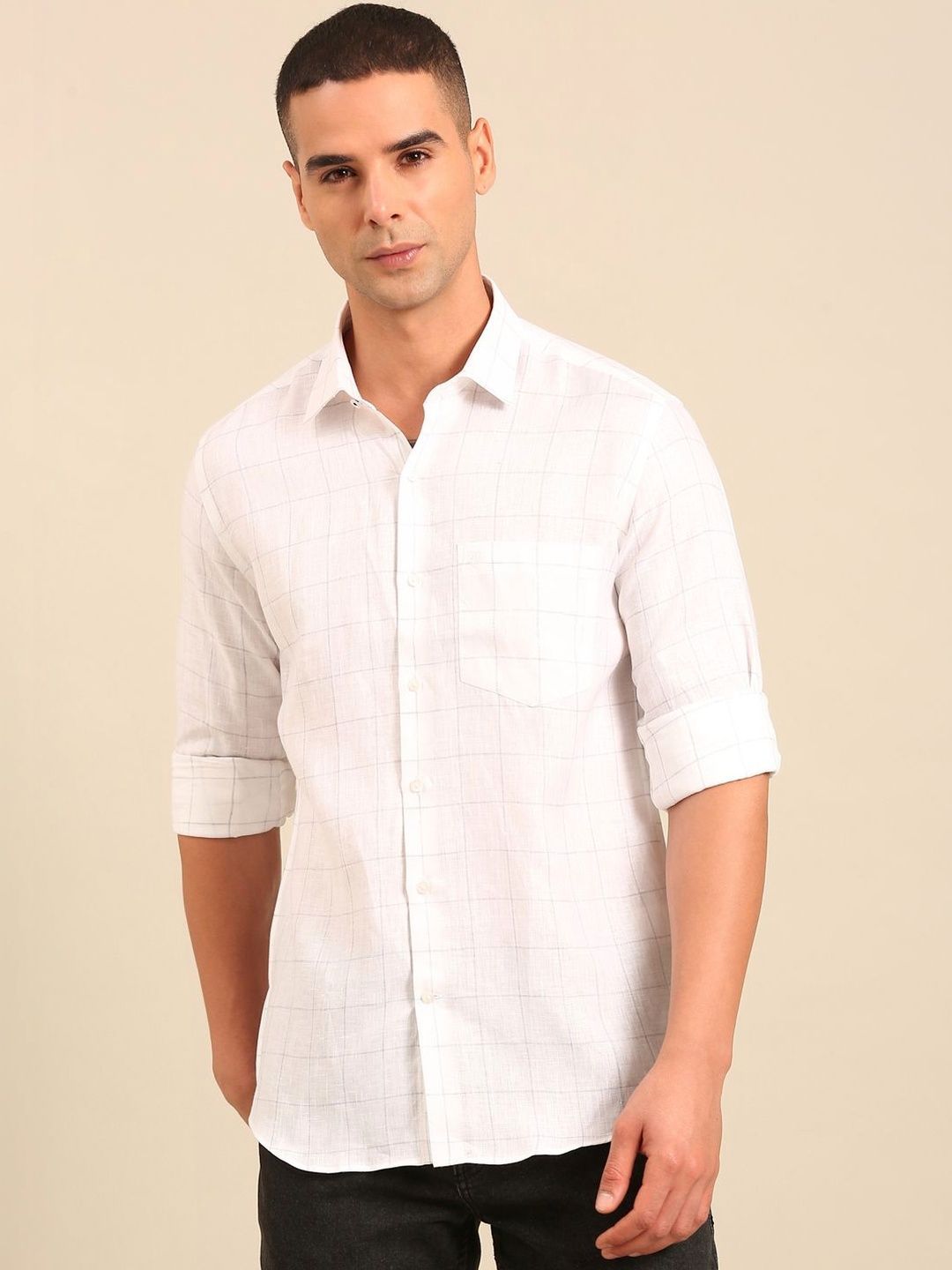 Linen Club Men's Pure Linen White Checked Regular Fit Casual Shirt LCSFCK902D473