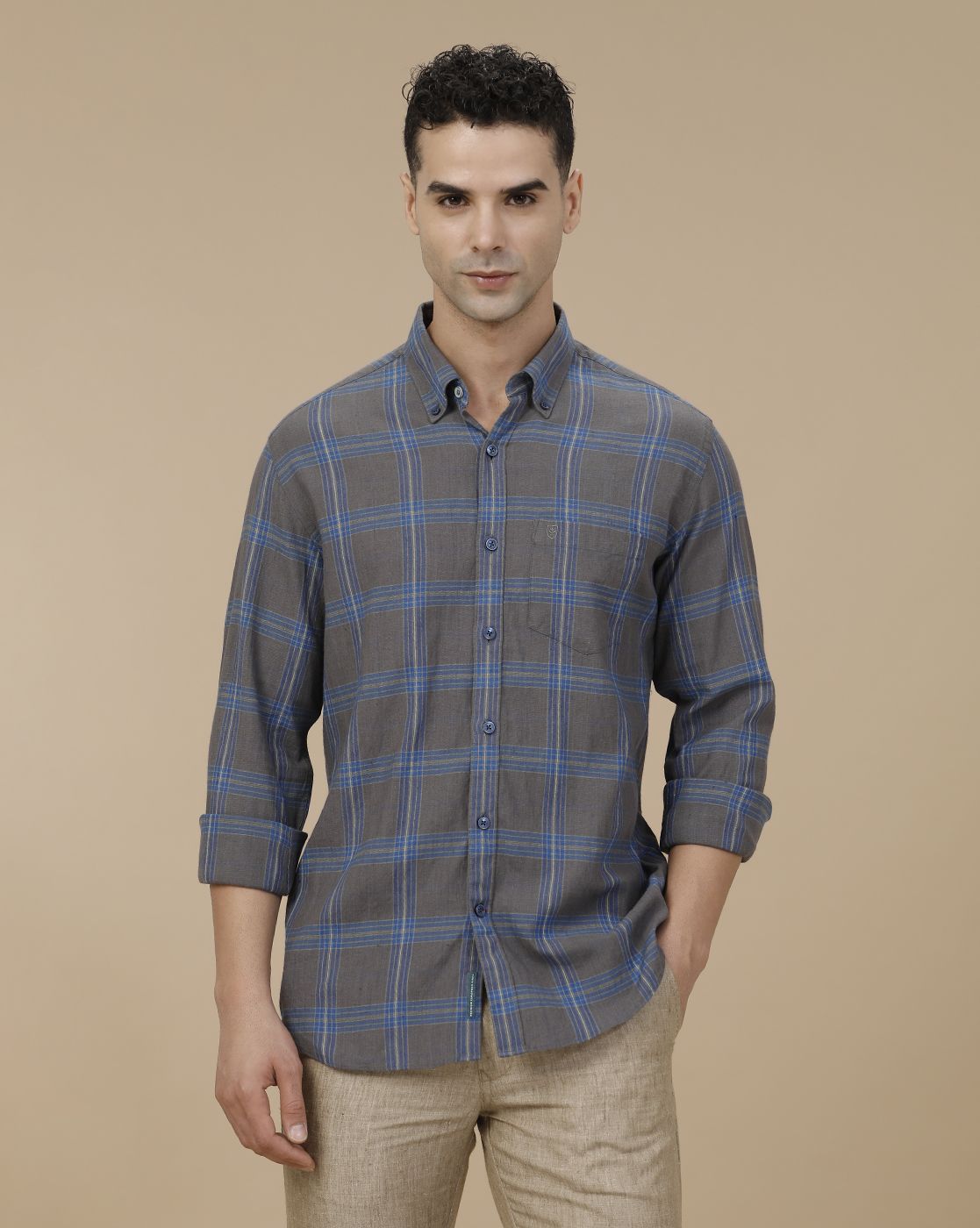 Linen Club Men's Linen Rich Blue Checked Contemporary Fit Full Sleeve Casual Shirt