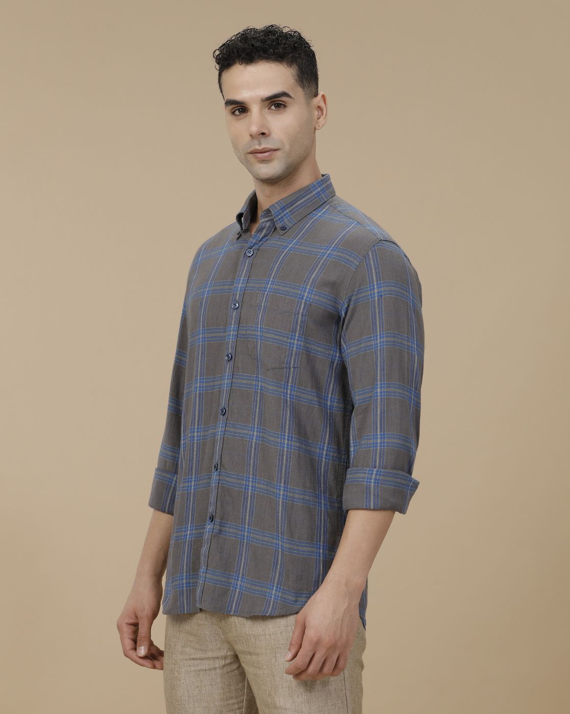 Linen Club Men's Linen Rich Blue Checked Contemporary Fit Full Sleeve Casual Shirt