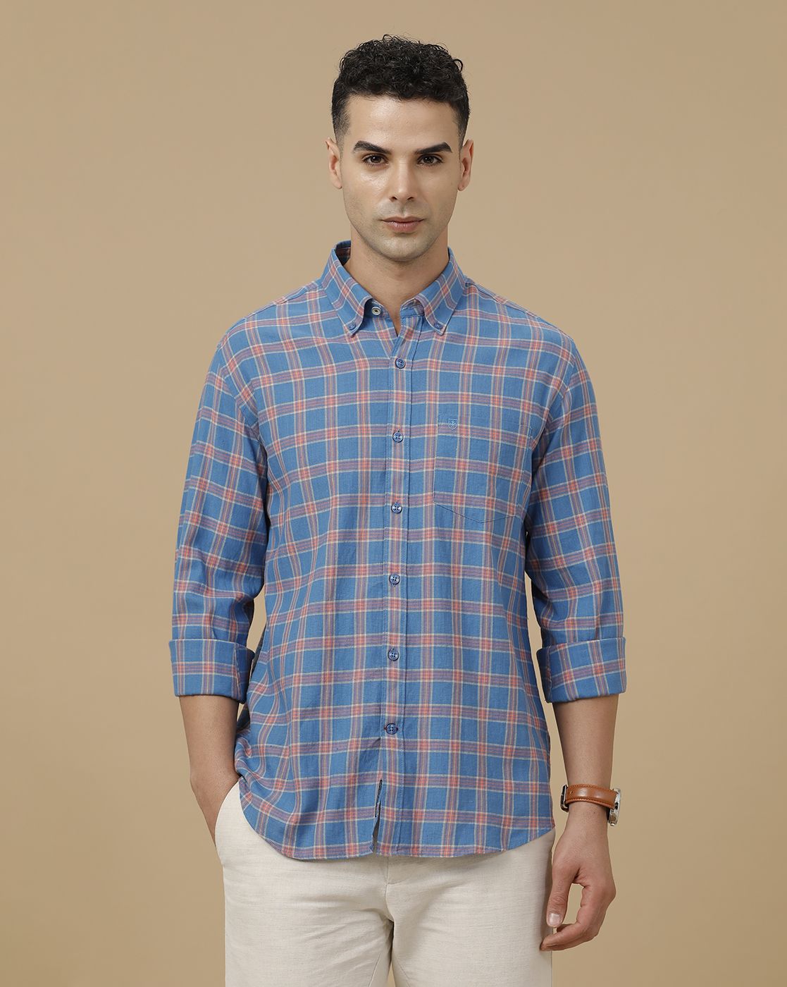 Linen Club Men's Linen Rich Blue Checked Contemporary Fit Full Sleeve Casual Shirt