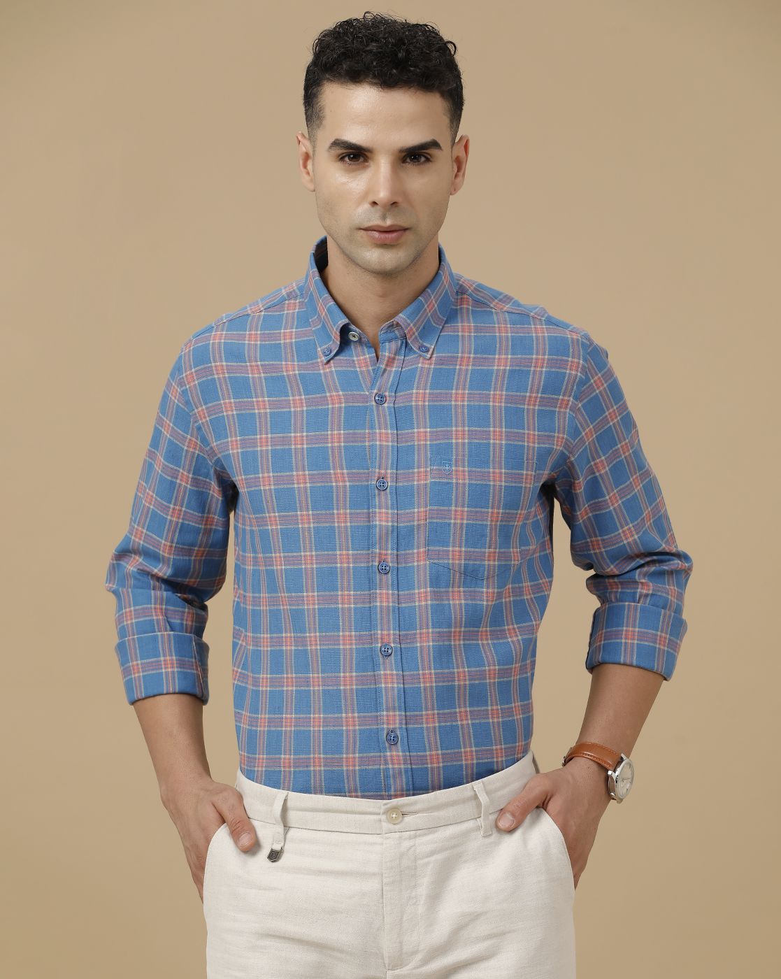 Linen Club Men's Linen Rich Blue Checked Contemporary Fit Full Sleeve Casual Shirt